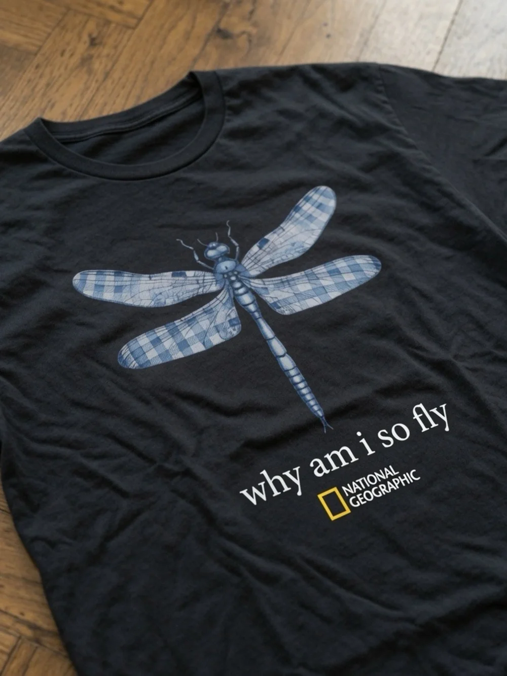 Gildan Black Tee with Blue Plaid Dragonfly Graphic